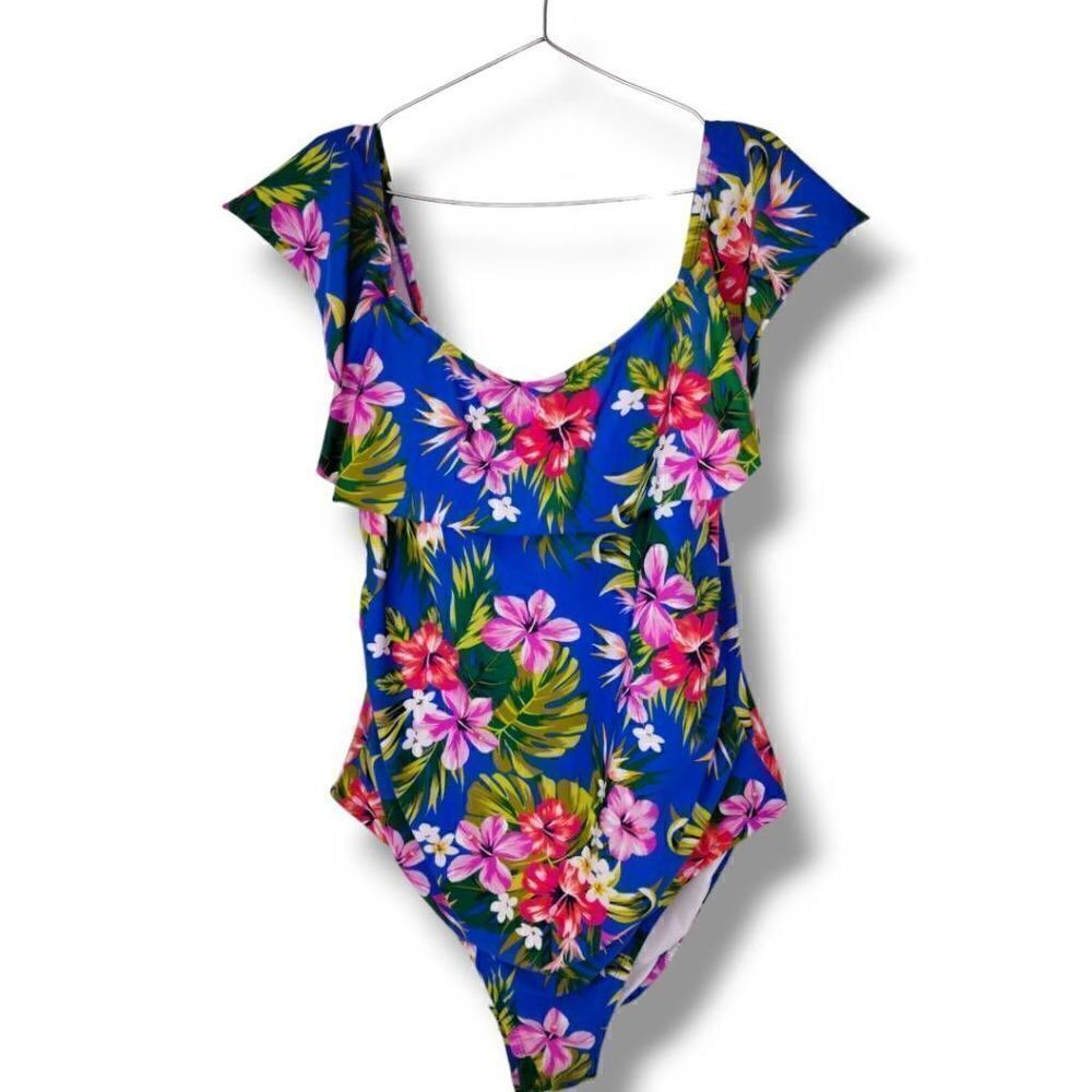 Kona Sol Womens Swimsuit Sz 24W Tropical Floral‎ Print Ruffle Off Shoulder
